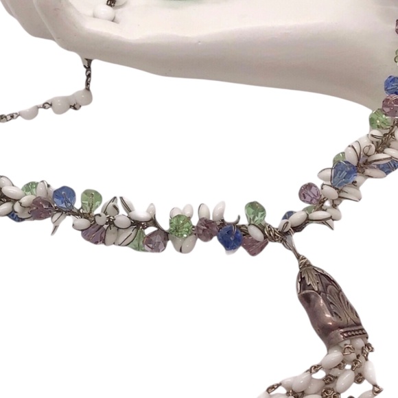 Vintage Beaded White Tassel Necklace Purple Green Blue Glass Crystal Beads - Picture 5 of 10